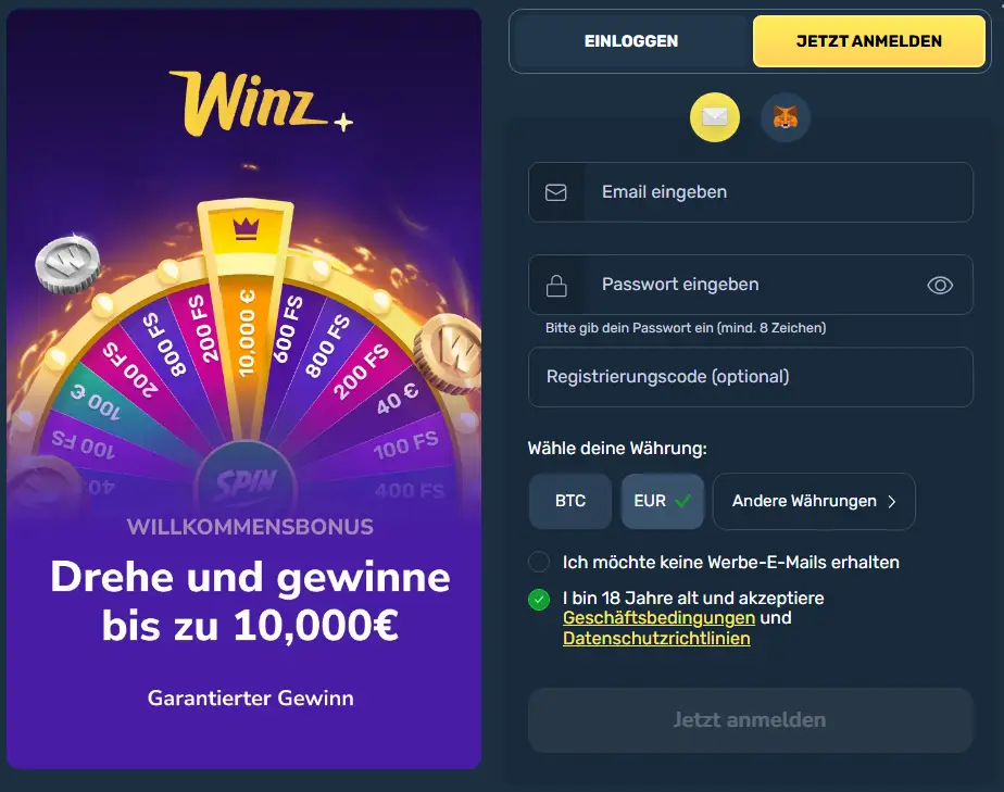 Winz Casino Anmeldeformular